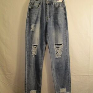 distressed light-wash denim jeans high waist relaxed fit- boyfriend/mom jeans